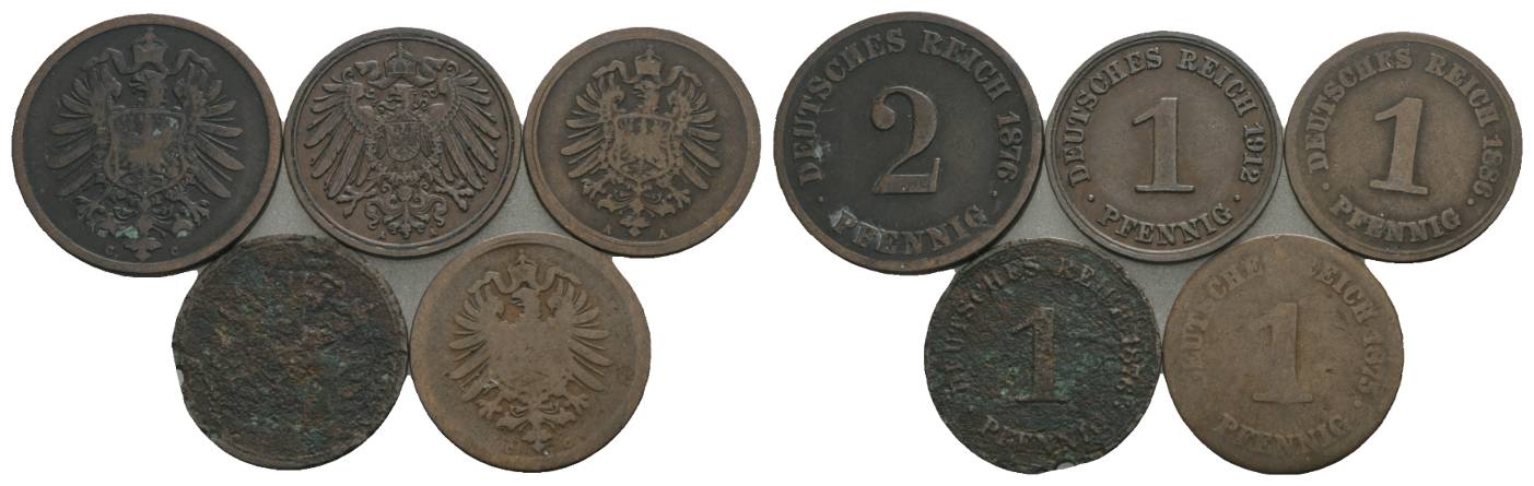  Kaiserreich, 1 Pfennig und 2 Pfennig (5 Kleinmünzen)   