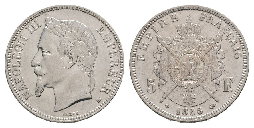  Frankreich Napoleon III, 5 Francs 1868   