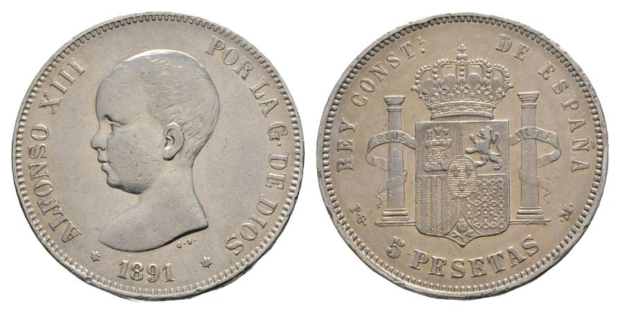  Spanien, Alfonso XIII. 5 Pesetas 1891   