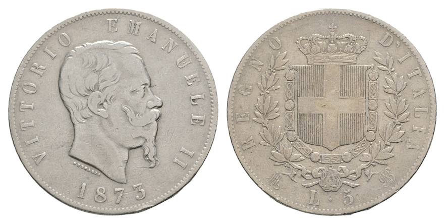  Italien, Vittorio Emanuele II. 5 Lire 1873   