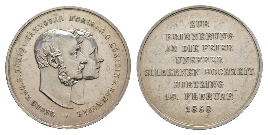  Hannover, Silbermedaille 1868, Silberne Hochzeit v. König Georg V. u. seiner Gemahlin; Ø 34 mm; 13 g   