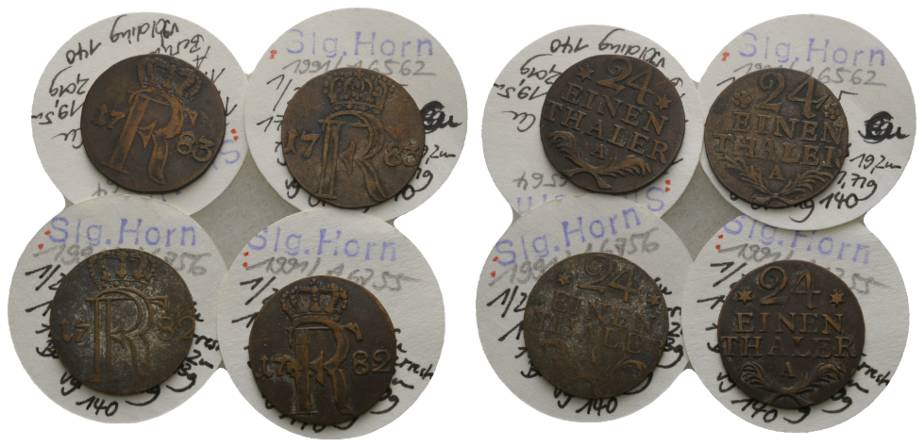  Altdeutschland, 4 Kleinmünzen, Nachahmung 1/24 Taler (1782/1783)   
