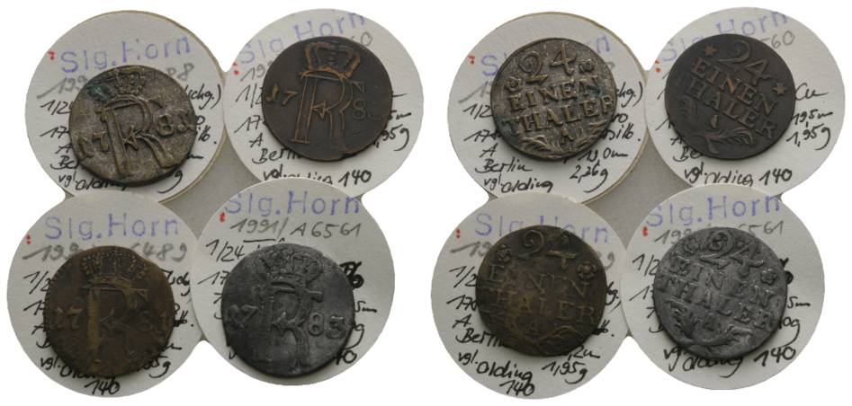  Altdeutschland, 4 Kleinmünzen, Nachahmung 1/24 Taler (1781/1783)   