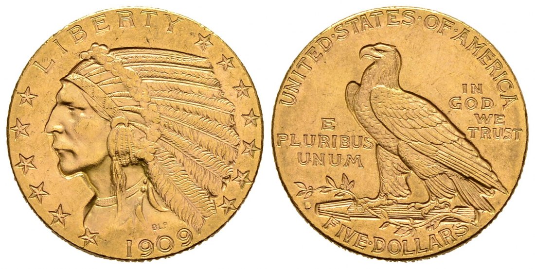 PEUS 1762 USA 7,52 g Feingold. Indian Head 5 Dollars GOLD 1909 Sehr schön +