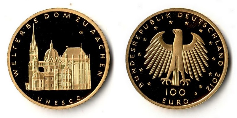 BRD   100 Euro  2012 D MM-Frankfurt Feingold: 15,55g UNESCO Weltkulturerbe - Dom zu Aachen  