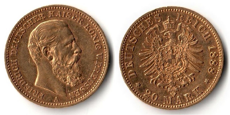 Preussen, Kaiserreich  20 Mark  1888 A MM-Frankfurt Feingold: 7,17g Friedrich III. 1888  