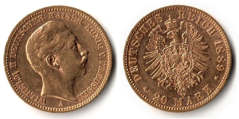 Preussen, Kaiserreich  20 Mark  1889 A MM-Frankfurt Feingold: 7,17g Wilhelm II  1888 - 1918  