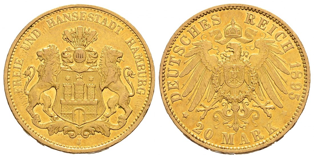 PEUS 1775 Hamburg - Kaiserreich 7,16 g Feingold. Stadtwappen 20 Mark GOLD 1895 J Sehr schön