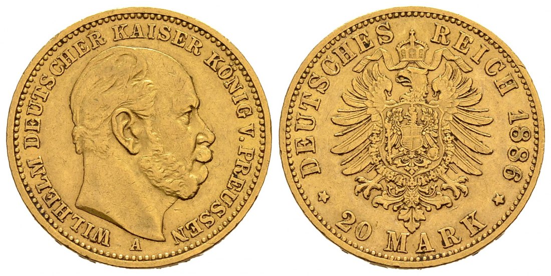 PEUS 1777 Preußen - Kaiserreich 7,16 g Feingold. Wilhelm I. (1861 - 1888) 20 Mark GOLD 1886 A Berlin Sehr schön