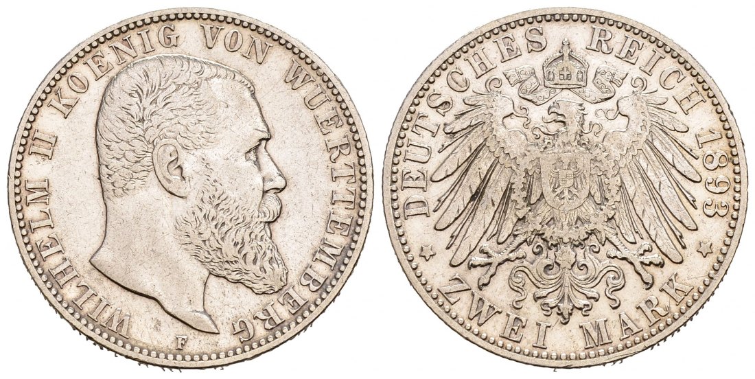 PEUS 1782 Kaiserreich - Württemberg Wilhelm II.(1891 - 1918) 2 Mark 1893 F Sehr schön