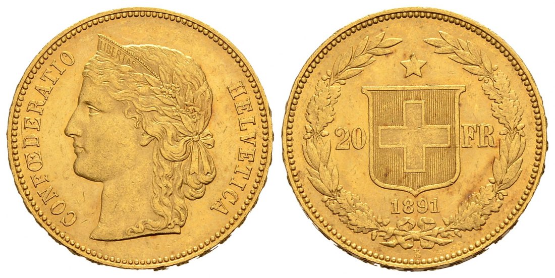 PEUS 1785 Schweiz 5,81 g Feingold. Libertas 20 Franken GOLD 1891 B Vorzüglich