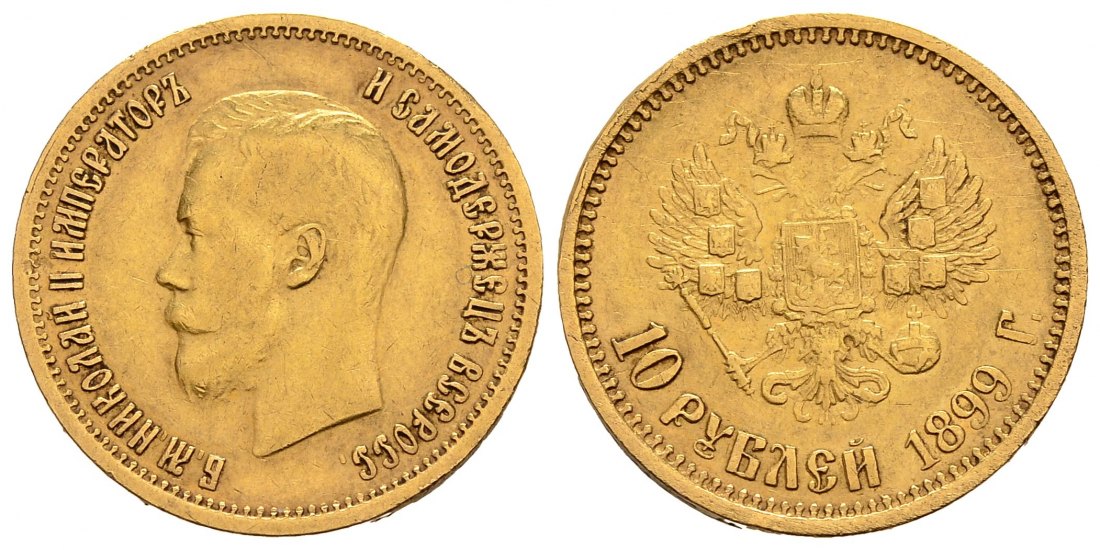 PEUS 1786 Russland 7,74 g Feingold. Zar Nikolaus II. (1894 - 1917) 10 Rubel GOLD 1899 АГ (AG) Randfehler, fast sehr schön