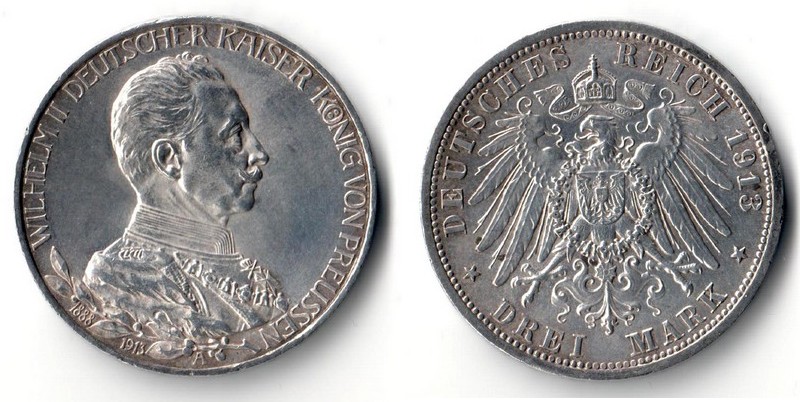  Preussen, Kaiserreich  3 Mark  1913 A  Wilhelm II. 1888-1918   FM-Frankfurt Feinsilber: 15g   