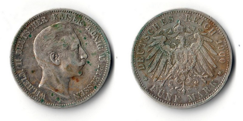  Preussen, Kaiserreich  5 Mark  1900 A   Wilhelm II. 1888-1918 FM-Frankfurt Feingewicht: 25g Silber   