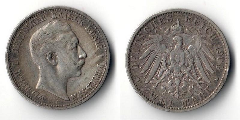  Preußen, Kaiserreich  2 Mark  1904 A  Wilhelm II. 1888-1918  FM-Frankfurt Feinsilber: 10g   