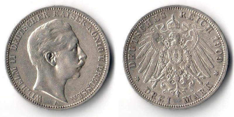  Preussen, Kaiserreich  3 Mark  1909 A  Wilhelm II. 1888-1918    FM-Frankfurt   Feinsilber: 15g   