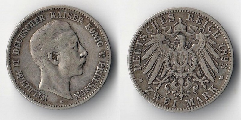  Preussen, Kaiserreich  2 Mark 1893 A  Wilhelm II. 1888 - 1918   FM-Frankfurt Feinsilber: 10g   