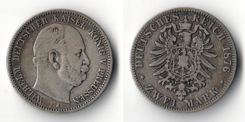  Preussen, Kaiserreich  2 Mark  1876 A  Wilhelm I. 1861 - 1888   FM-Frankfurt Feinsilber: 10g   