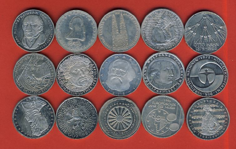  5 DM Gedenkmünzen 15 verschiedene von Otto Hahn 1979 - Friedrich der Große 1986.   