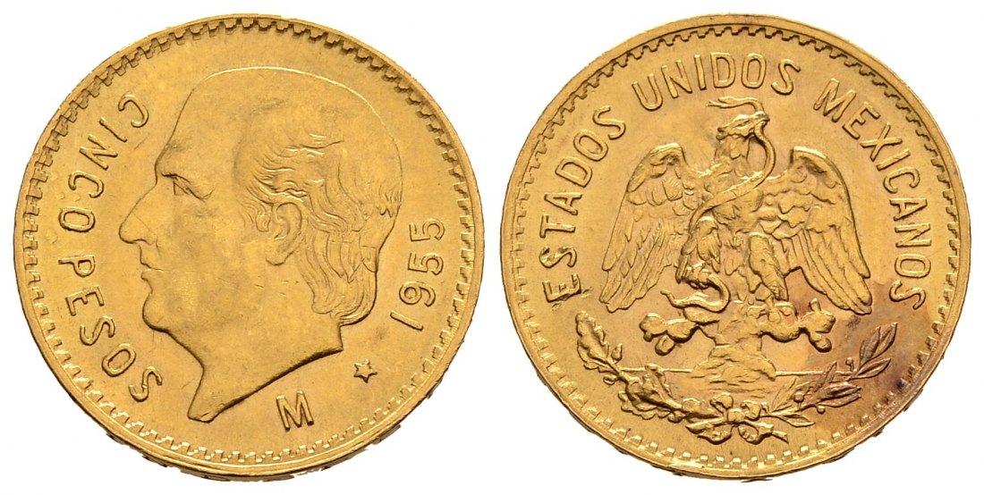 PEUS 1881 Mexiko 3,75 g Feingold. Miguel Hidalgo y Costilla 5 Pesos GOLD 1955 M Kl. Kratzer, Vorzüglich +