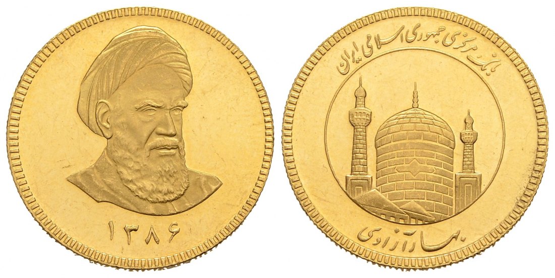 PEUS 1905 Iran 7,32 g Feingold. Kopf nach rechts - Moschee Azadi GOLD SH1389 = 2010 Kl. Kratzer, Vorzüglich +