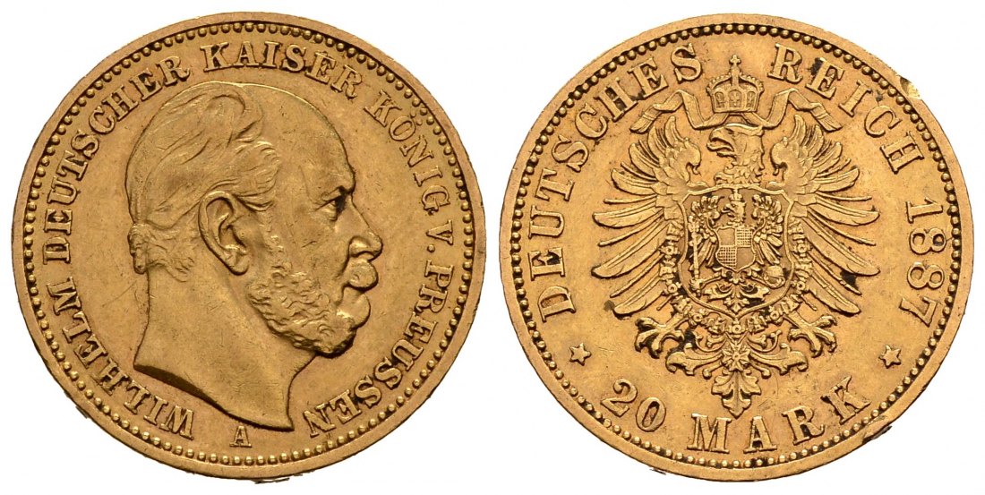 PEUS 1908 Kaiserreich - Preußen 7,17 g Feingold. Wilhelm I. (1861 - 1888) 20 Mark GOLD 1887 A Berlin Kl. Kratzer + kl. Randfehler, Sehr schön