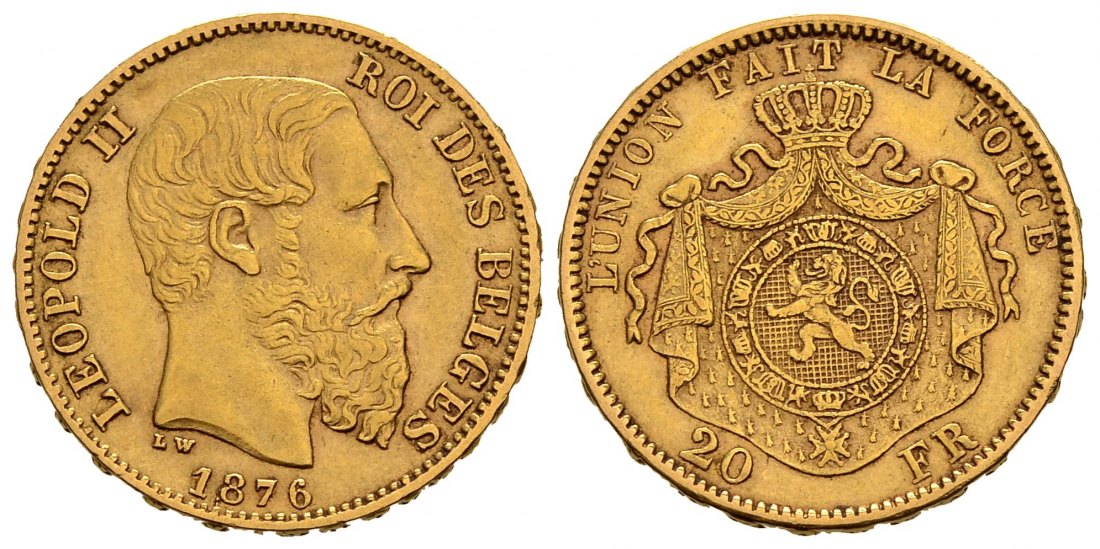 PEUS 1910 Belgien 5,81 g Feingold. Leopold II. (1865-1909) 20 Francs GOLD 1876 Sehr schön