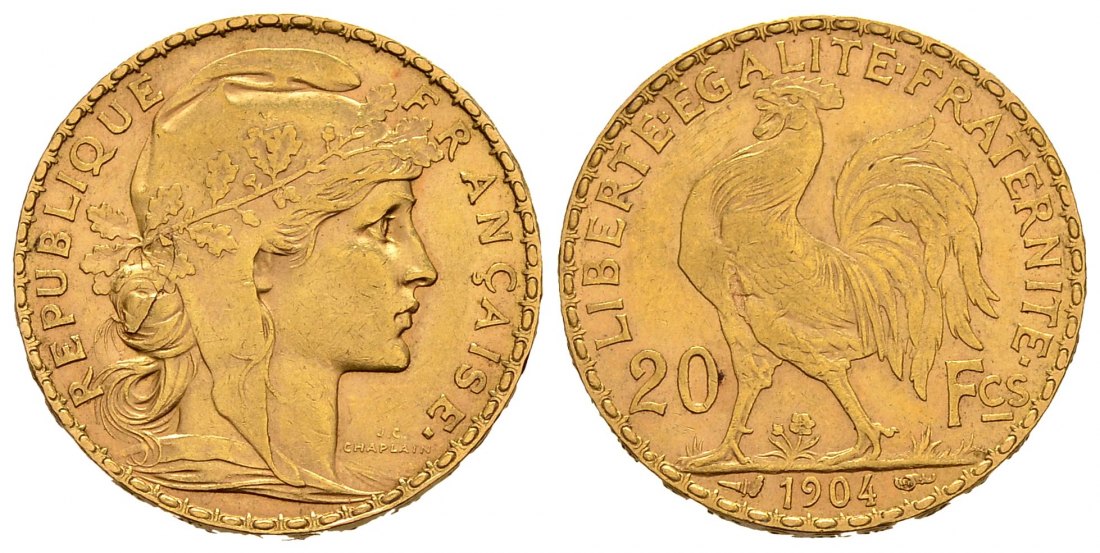 PEUS 1913 Frankreich 5,81 g Feingold. Marianne / Galischer Hahn 20 Francs GOLD 1904 Sehr schön +