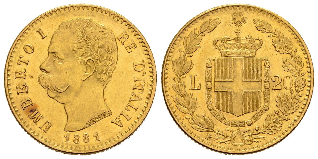 PEUS 1915 Italien 5,81 g Feingold. Umberto I. (1878 - 1900) 20 Lire GOLD 1881 R Rom Sehr schön