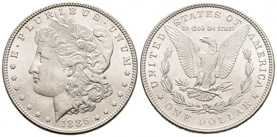 PEUS 1922 USA 24,06 g Feinsilber. Morgan Dollar SILBER 1886 Winzige Kratzer, fast Stempelglanz