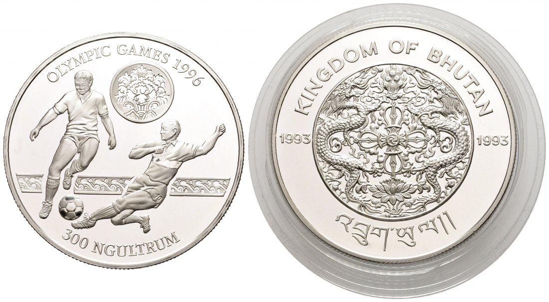 PEUS 1927 Bhutan 28,97 g Feinsilber. Olympiade 1996 - Fußball 300 Ngultrums SILBER 1993 Proof (in Kapsel)