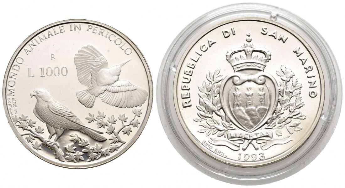 PEUS 1928 San Marino 12,19 g Feinsilber. Falke und Specht 1000 Lire SILBER 1993R Proof (Kapsel)