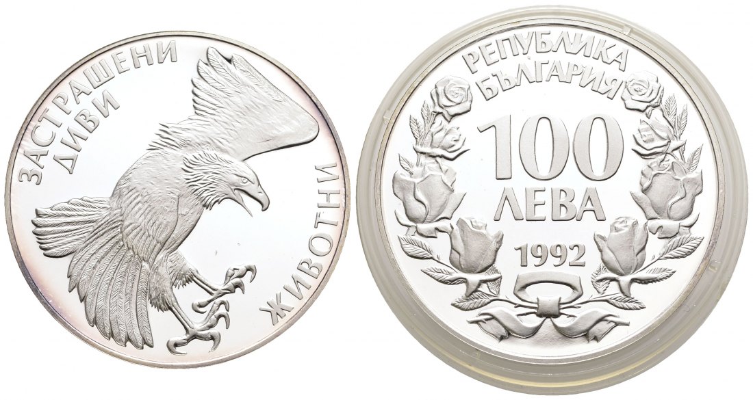 PEUS 1931 Bulgarien 21,49 g Feinsilber. Adler 100 Leva SILBER 1992 Proof (in Kapsel)