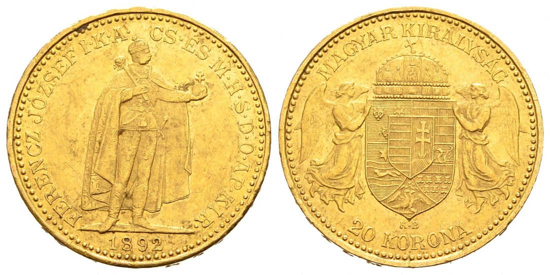 PEUS 1935 Ungarn 6,1 g Feingold. Franz Joseph I. (1848 - 1916) 20 Kronen GOLD 1892 KB Sehr schön