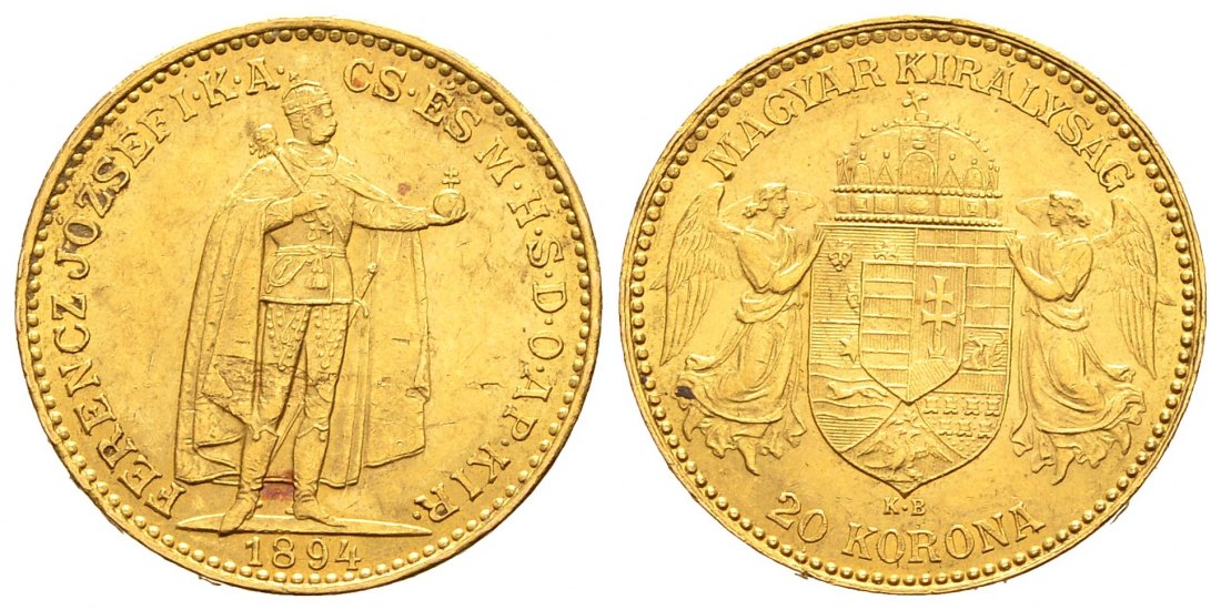 PEUS 1937 Ungarn 6,1 g Feingold. Franz Joseph I. (1848 - 1916) 20 Kronen GOLD 1894 KB Kremnitz Sehr schön