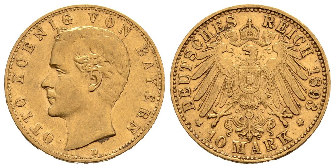 PEUS 1940 Kaiserreich - Bayern 3,58 g Feingold. Otto (1886-1913) 10 Mark GOLD 1893 D Kl. Kratzer, Sehr schön +
