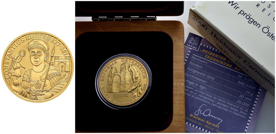 PEUS 1944 Österreich 16 g Feingold. Heidentor Carnuntum incl. Originalverpackung + Zertifikat 1000 Schilling GOLD 2000 Stempelglanz (in Kapsel)