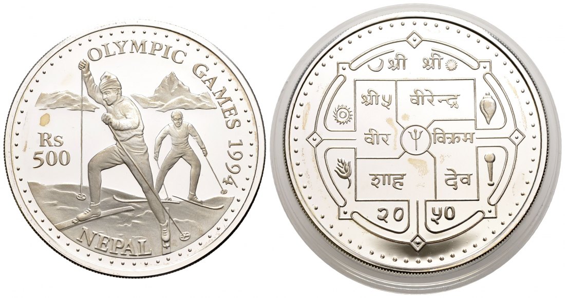 PEUS 1947 Nepal 29,4 g Feinsilber. Winterolympiade - Skilanglauf 500 Rupien SILBER VS2050 (1993) Proof (in Kapsel)
