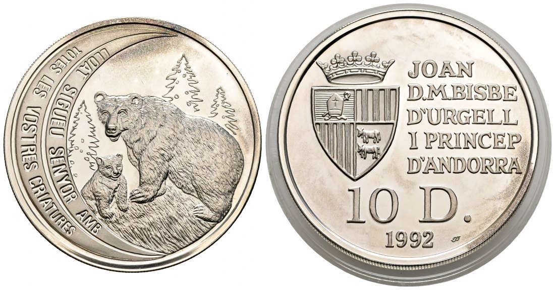 PEUS 1953 Andorra 28,8 g Feinsilber. Braunbär mit Jungen 10 Diners SILBER 1992 Proof (in Kapsel)