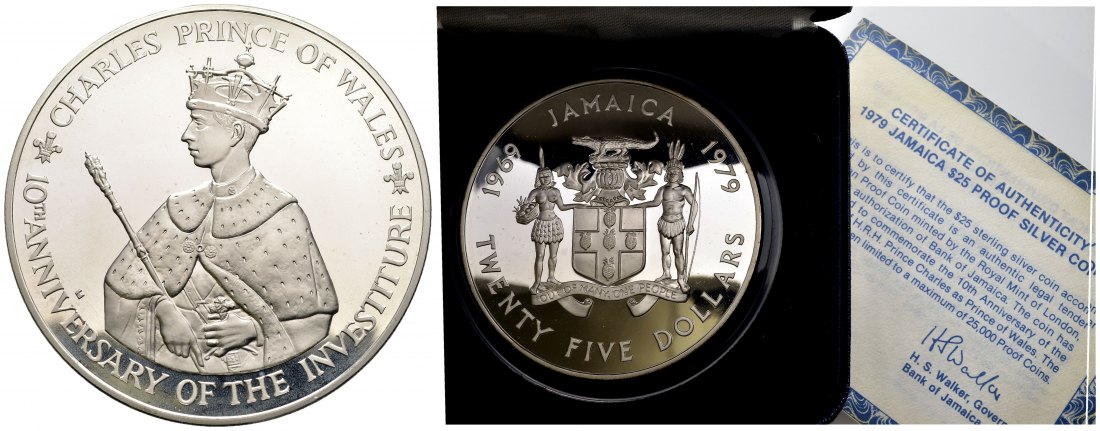 PEUS 1964 Jamaica 125,87 g Feinsilber. 25jähriges Thronjubiläum incl. Verpackung + Zertifikat 25 Dollars SILBER 1978 Proof (in Kapsel)