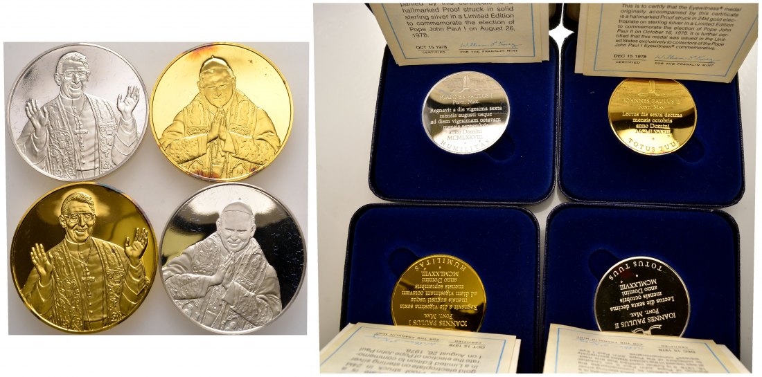PEUS 1967 USA / Kanada Insg. 76,22 g Feinsilber. Papst Johannes Paul I. + II. incl. Etuis + Zertifikate Silbermedaillen (4 Stück) o.J. Polierte Platte (berührt)