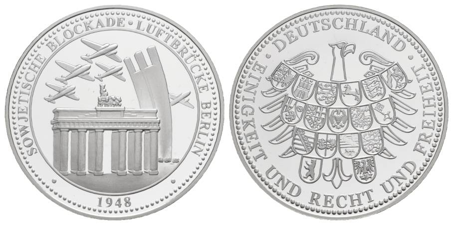  Gedenkprägung Sowjetische Blackade- Luftbrücke Berlin 1948, Medaille PP, Ø 40 mm, 20 g   