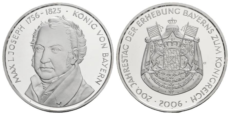  Medaille PP, 200. Jahrestag der Erhebung Bayerns zum Königreich; 0,925 AG,  Ø 40 mm, 25 g   
