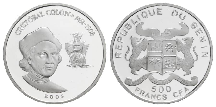  500 Francs 2005 Benin, Silbergedenkmünze Kolumbus mit Segelschiff, PP; 7 g; Ø 30 mm   