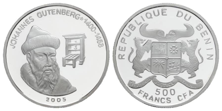 500 Francs 2005 Benin, Silbergedenkmünze Gutenberg, PP; 7 g; Ø 30 mm   