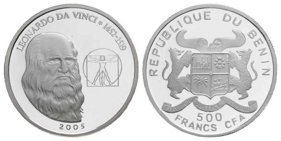  500 Francs 2005 Benin, Silbergedenkmünze Da Vinci, PP; 7 g; Ø 30 mm   