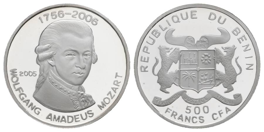  500 Francs 2005 Benin, Silbergedenkmünze Mozart, PP; 7 g; Ø 30 mm   