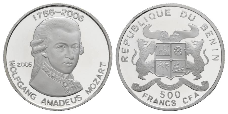  500 Francs 2005 Benin, Silbergedenkmünze Mozart, PP; 7 g; Ø 30 mm   