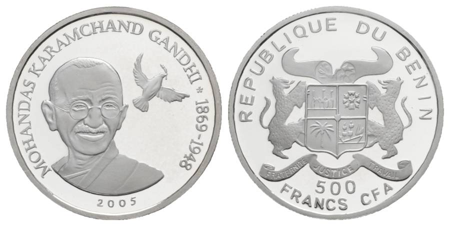  500 Francs 2005 Benin, Silbergedenkmünze Gandhi, PP; 7 g; Ø 30 mm   
