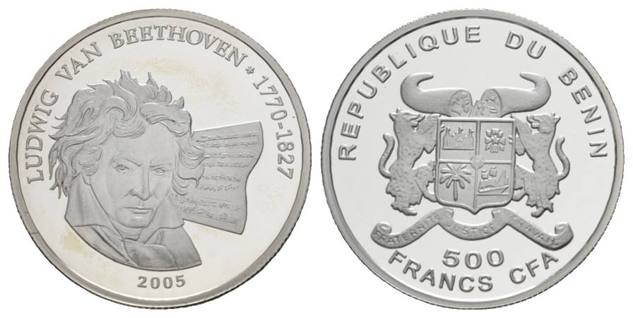  500 Francs 2005 Benin, Silbergedenkmünze Beethoven, PP; 7 g; Ø 30 mm   
